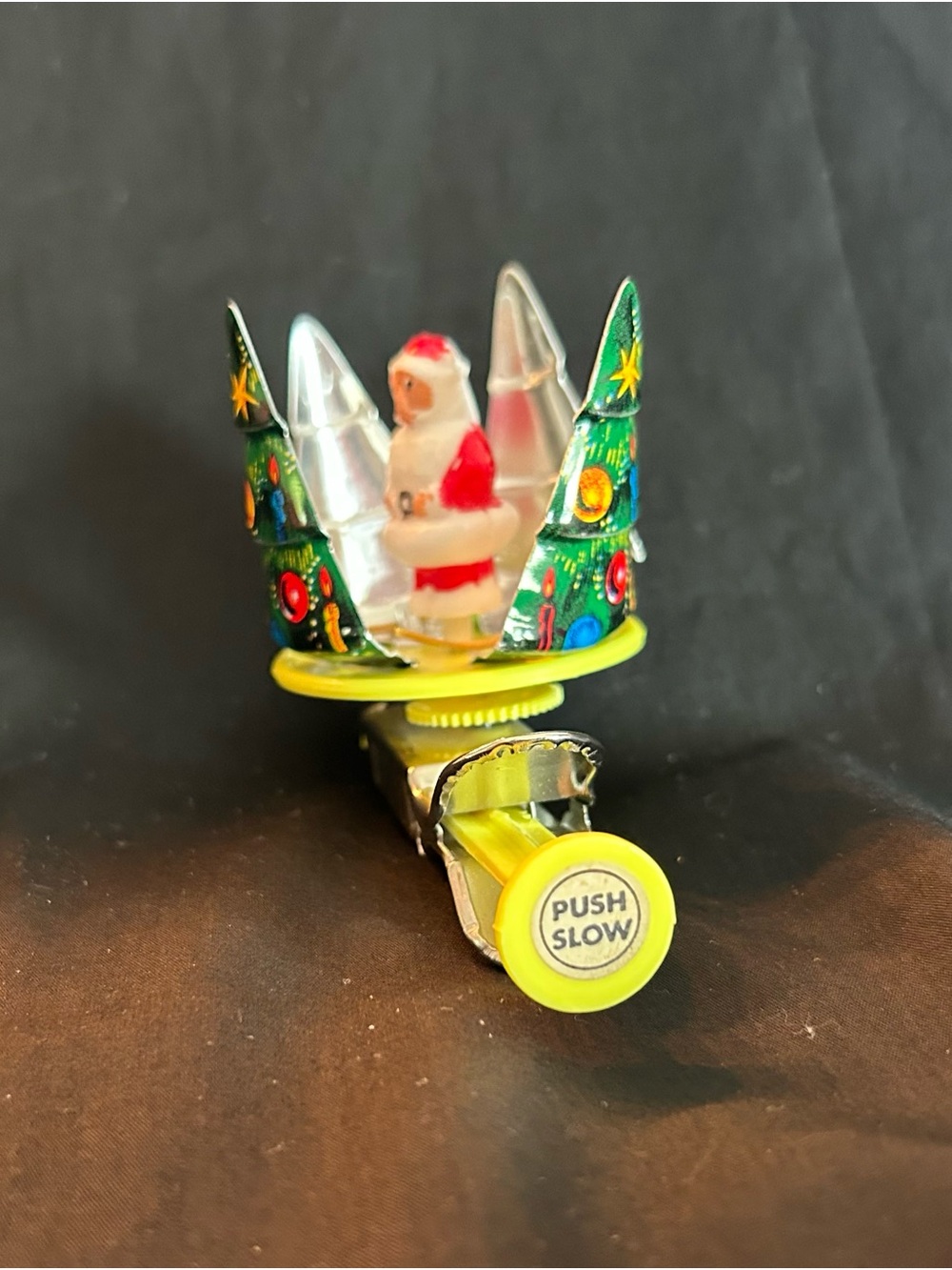 VTG 1950s Japan Tin Litho Spinning Christmas Tree Push Toy Santa Works! No Rust